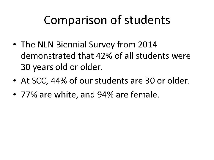 Comparison of students • The NLN Biennial Survey from 2014 demonstrated that 42% of