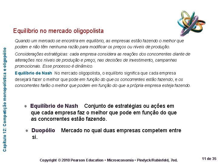 Capítulo 12: Competição monopolística e oligopólio Equilíbrio no mercado oligopolista Quando um mercado se