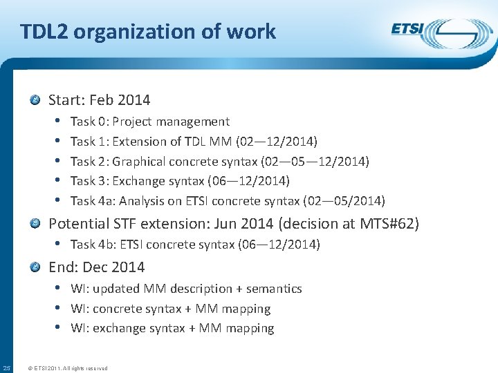 TDL 2 organization of work Start: Feb 2014 • Task 0: Project management •