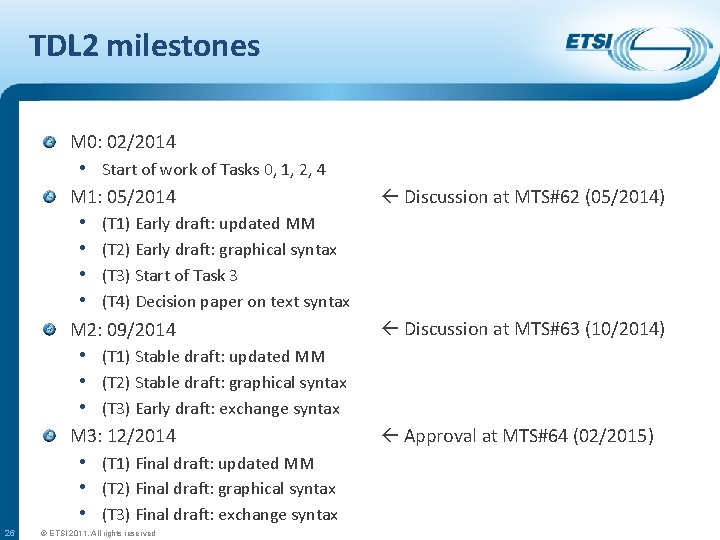 TDL 2 milestones M 0: 02/2014 • Start of work of Tasks 0, 1,