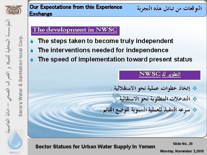 Our Expectations from this Experience Exchange Sana’a Water & Sanitation local Corp. ﺍﻟﻌﺎﺻﻤﺔ ﺍﻟﺼﺤﻲ