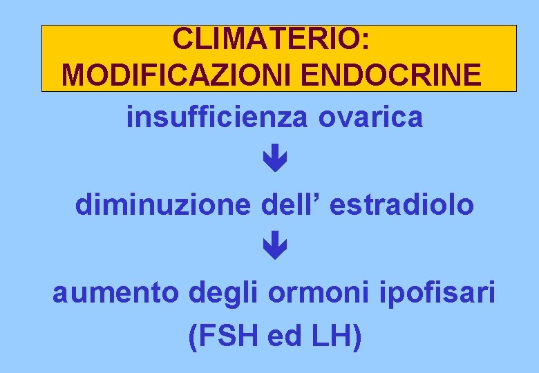 CLIMATERIO: MODIFICAZIONI ENDOCRINE insufficienza ovarica diminuzione dell’ estradiolo aumento degli ormoni ipofisari (FSH ed