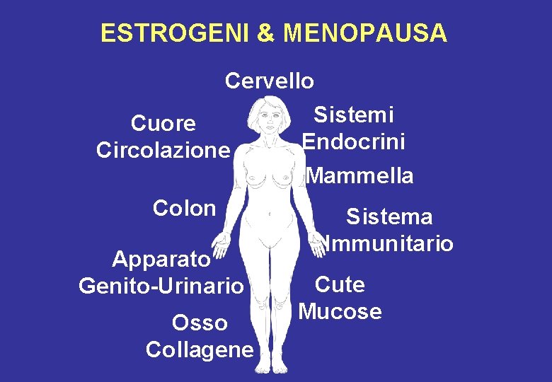 ESTROGENI & MENOPAUSA Cervello Sistemi Cuore Endocrini Circolazione Mammella Colon Sistema Apparato Genito-Urinario Osso