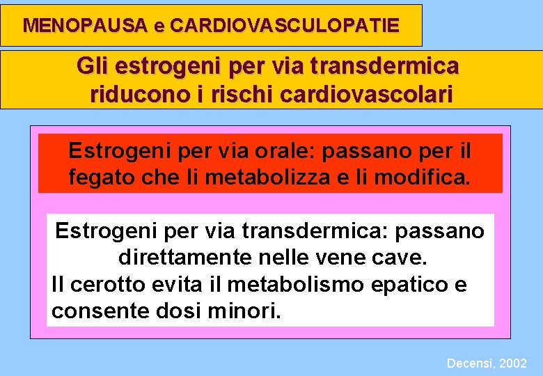 MENOPAUSA e CARDIOVASCULOPATIE Gli estrogeni per via transdermica riducono i rischi cardiovascolari Estrogeni per