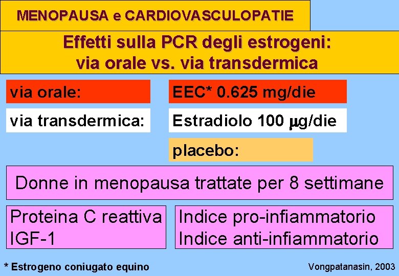 MENOPAUSA e CARDIOVASCULOPATIE Effetti sulla PCR degli estrogeni: via orale vs. via transdermica via