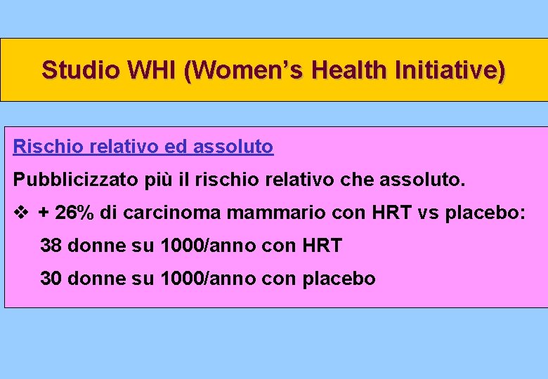 Studio WHI (Women’s Health Initiative) Rischio relativo ed assoluto Pubblicizzato più il rischio relativo