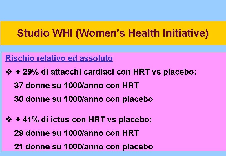 Studio WHI (Women’s Health Initiative) Rischio relativo ed assoluto v + 29% di attacchi