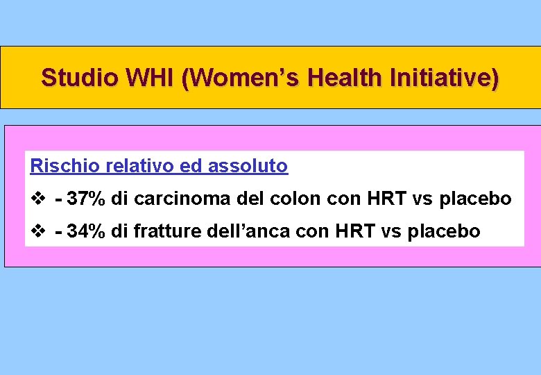 Studio WHI (Women’s Health Initiative) Rischio relativo ed assoluto v - 37% di carcinoma