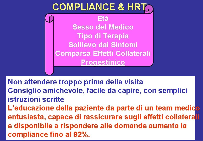 COMPLIANCE & HRT Età Sesso del Medico Tipo di Terapia Sollievo dai Sintomi Comparsa