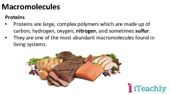 Macromolecules Proteins • Proteins are large, complex polymers which are made up of carbon,