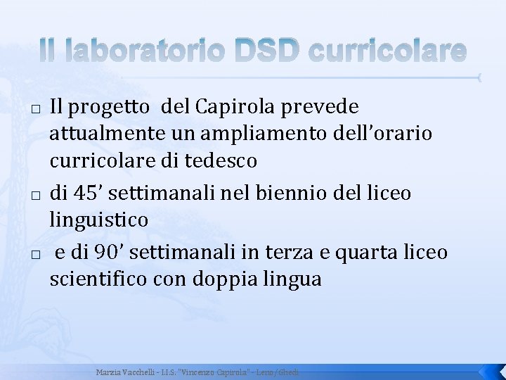 Il laboratorio DSD curricolare � � � Il progetto del Capirola prevede attualmente un