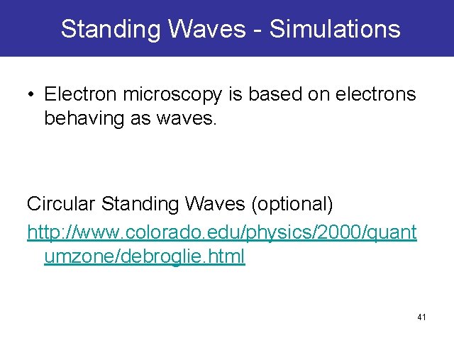 Standing Waves - Simulations • Electron microscopy is based on electrons behaving as waves. Standing Waves - Simulations • Electron microscopy is based on electrons behaving as waves.
