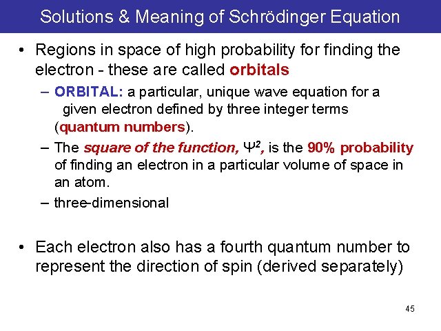 Solutions & Meaning of Schrödinger Equation • Regions in space of high probability for Solutions & Meaning of Schrödinger Equation • Regions in space of high probability for
