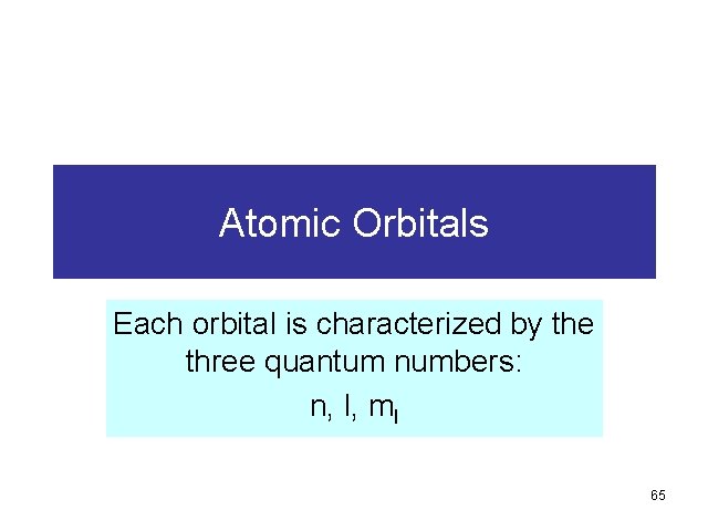 Atomic Orbitals Each orbital is characterized by the three quantum numbers: n, l, ml Atomic Orbitals Each orbital is characterized by the three quantum numbers: n, l, ml