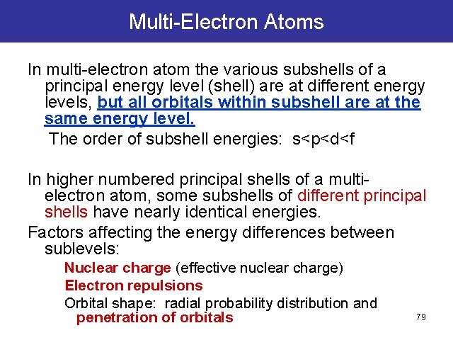 Multi-Electron Atoms In multi-electron atom the various subshells of a principal energy level (shell) Multi-Electron Atoms In multi-electron atom the various subshells of a principal energy level (shell)