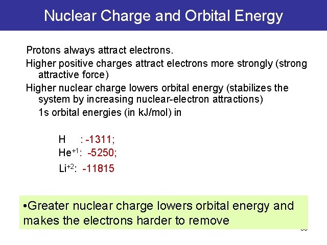Nuclear Charge and Orbital Energy Protons always attract electrons. Higher positive charges attract electrons Nuclear Charge and Orbital Energy Protons always attract electrons. Higher positive charges attract electrons