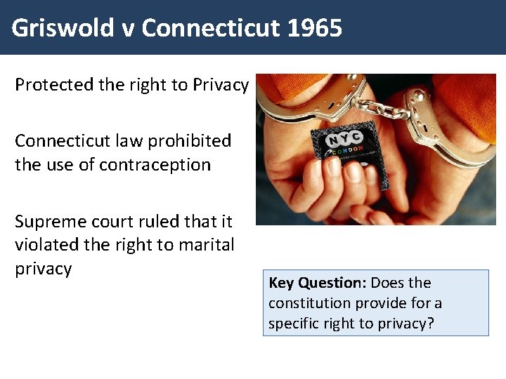 Griswold v Connecticut 1965 Protected the right to Privacy Connecticut law prohibited the use