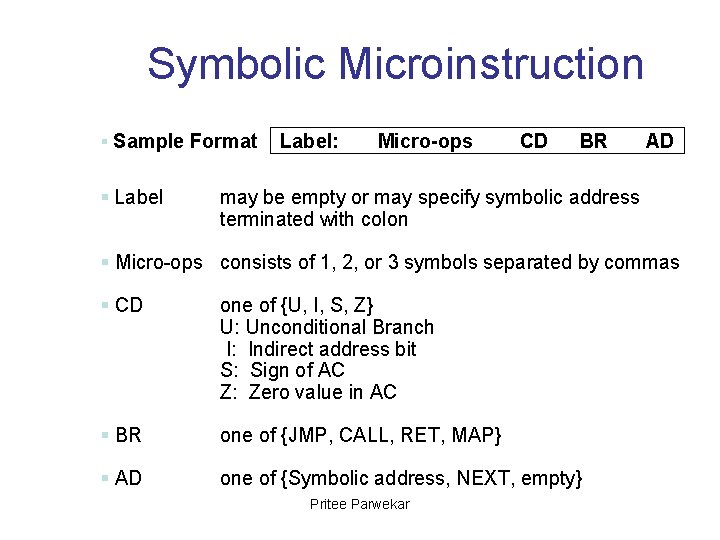 Symbolic Microinstruction § Sample Format § Label: Micro-ops CD BR AD may be empty