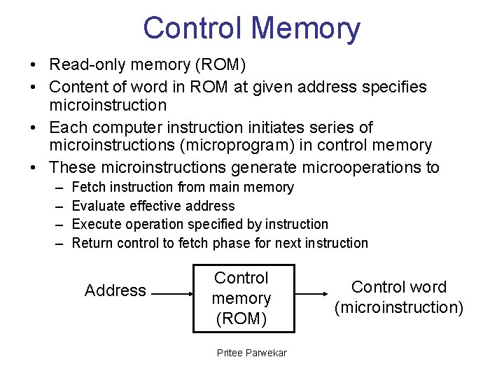 Control Memory • Read-only memory (ROM) • Content of word in ROM at given