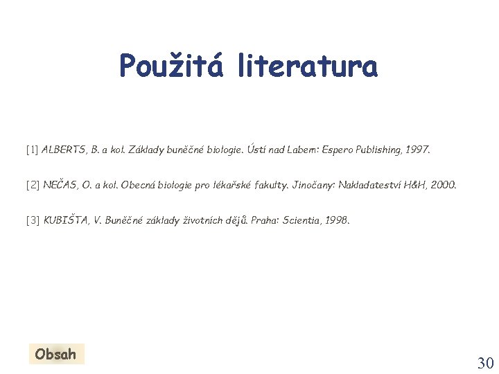 Použitá literatura [1] ALBERTS, B. a kol. Základy buněčné biologie. Ústí nad Labem: Espero