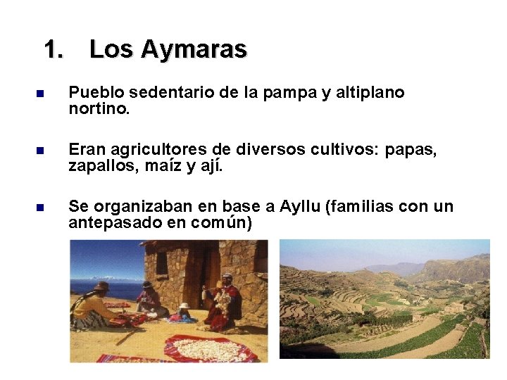 1. Los Aymaras Pueblo sedentario de la pampa y altiplano nortino. Eran agricultores de