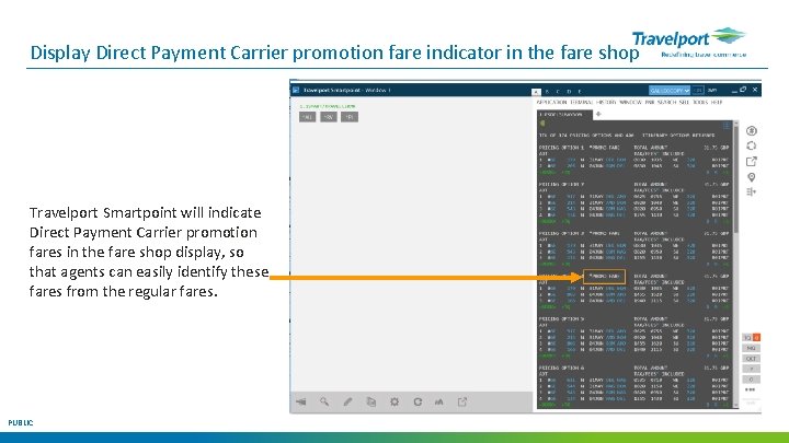 Display Direct Payment Carrier promotion fare indicator in the fare shop Travelport Smartpoint will