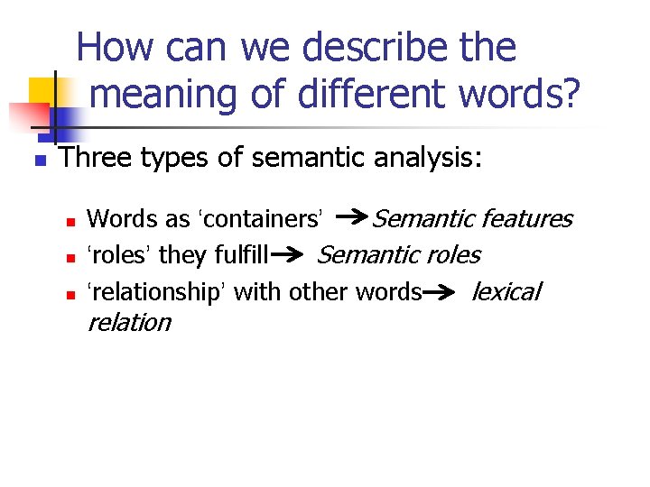 How can we describe the meaning of different words? n Three types of semantic