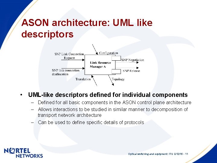 ASON architecture: UML like descriptors • UML-like descriptors defined for individual components – Defined