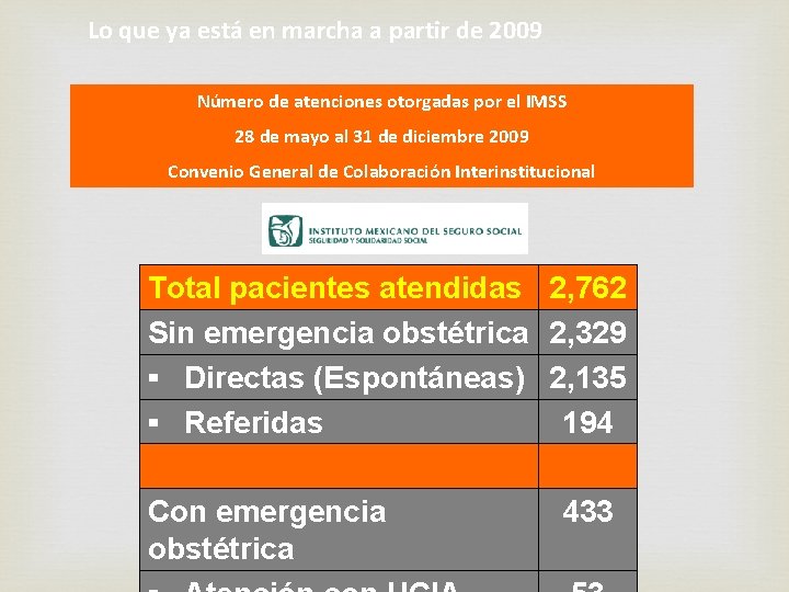 Lo que ya está en marcha a partir de 2009 Número de atenciones otorgadas