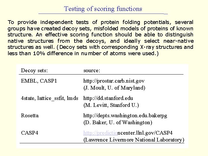 Testing of scoring functions To provide independent tests of protein folding potentials, several groups