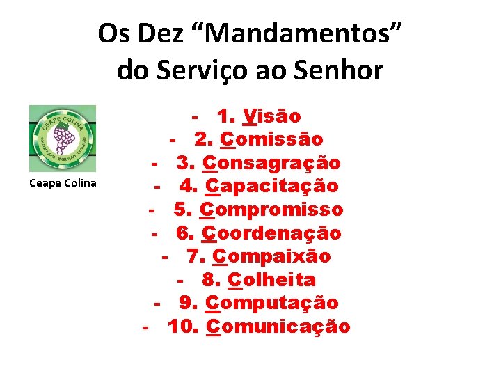 Os Dez “Mandamentos” do Serviço ao Senhor Ceape Colina - 1. Visão - 2.