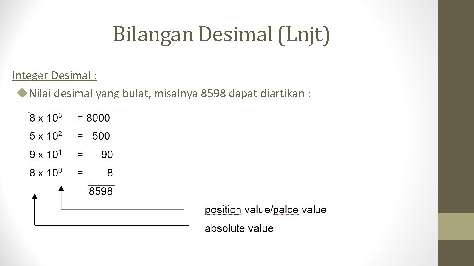 Bilangan Desimal (Lnjt) Integer Desimal : Nilai desimal yang bulat, misalnya 8598 dapat diartikan