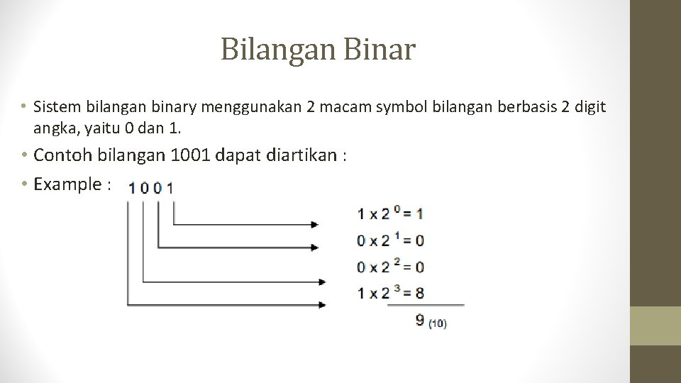 Bilangan Binar • Sistem bilangan binary menggunakan 2 macam symbol bilangan berbasis 2 digit
