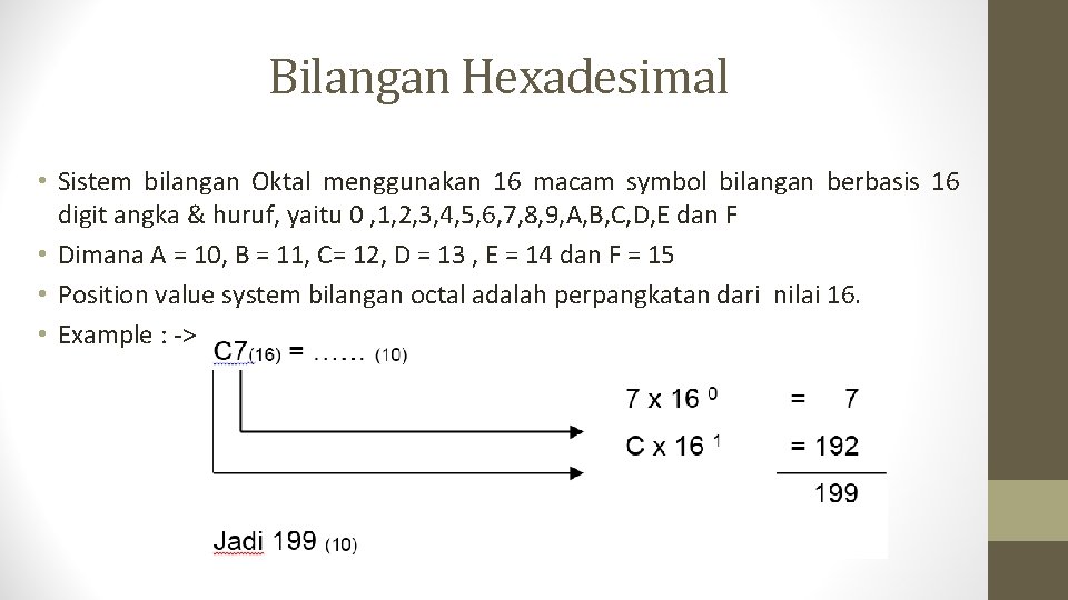 Bilangan Hexadesimal • Sistem bilangan Oktal menggunakan 16 macam symbol bilangan berbasis 16 digit