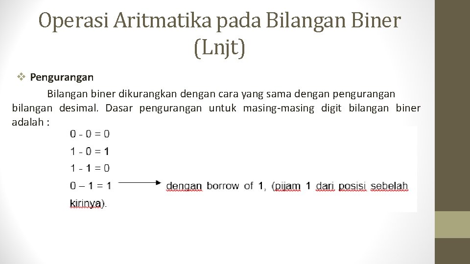 Operasi Aritmatika pada Bilangan Biner (Lnjt) v Pengurangan Bilangan biner dikurangkan dengan cara yang