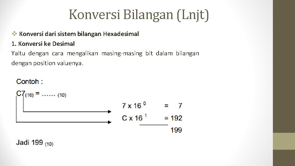 Konversi Bilangan (Lnjt) v Konversi dari sistem bilangan Hexadesimal 1. Konversi ke Desimal Yaitu