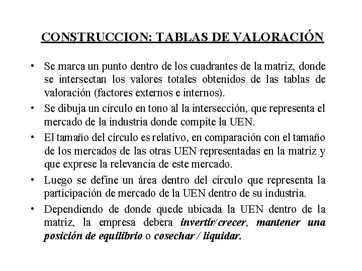 CONSTRUCCION: TABLAS DE VALORACIÓN • Se marca un punto dentro de los cuadrantes de