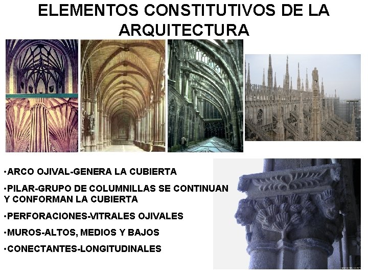 ELEMENTOS CONSTITUTIVOS DE LA ARQUITECTURA • ARCO OJIVAL-GENERA LA CUBIERTA • PILAR-GRUPO DE COLUMNILLAS