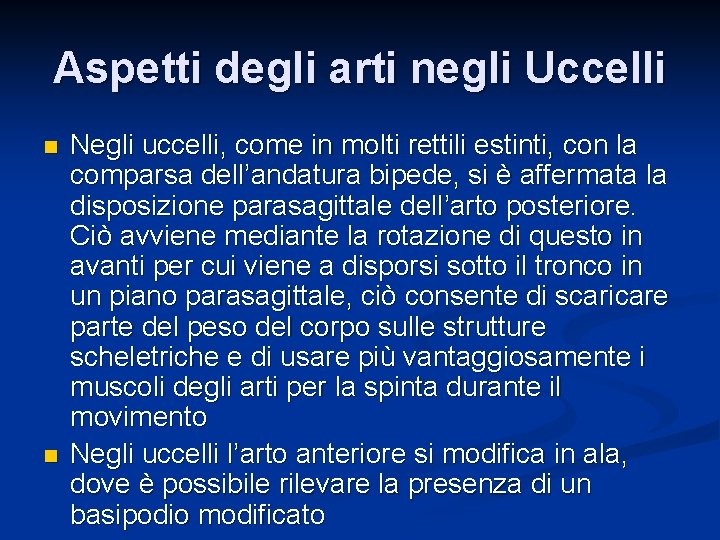 Aspetti degli arti negli Uccelli n n Negli uccelli, come in molti rettili estinti,