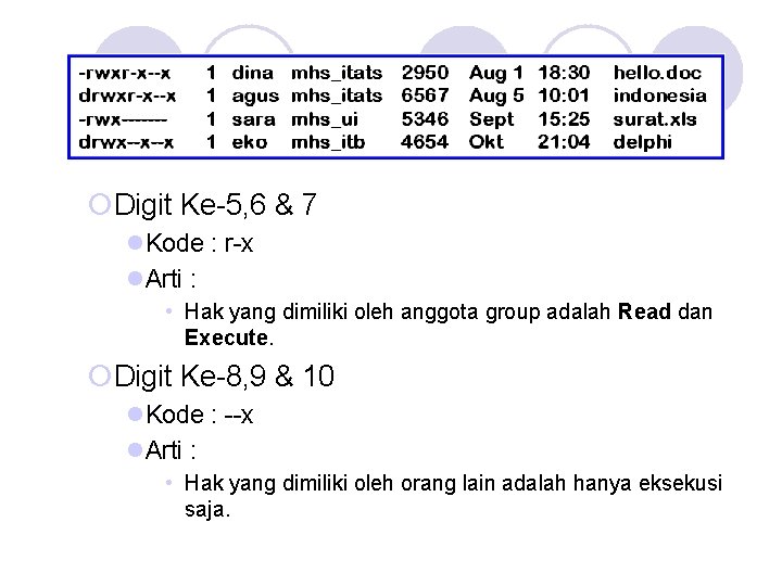 ¡Digit Ke-5, 6 & 7 l. Kode : r-x l. Arti : • Hak