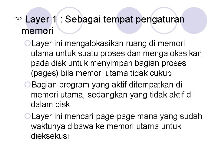  Layer 1 : Sebagai tempat pengaturan memori ¡Layer ini mengalokasikan ruang di memori