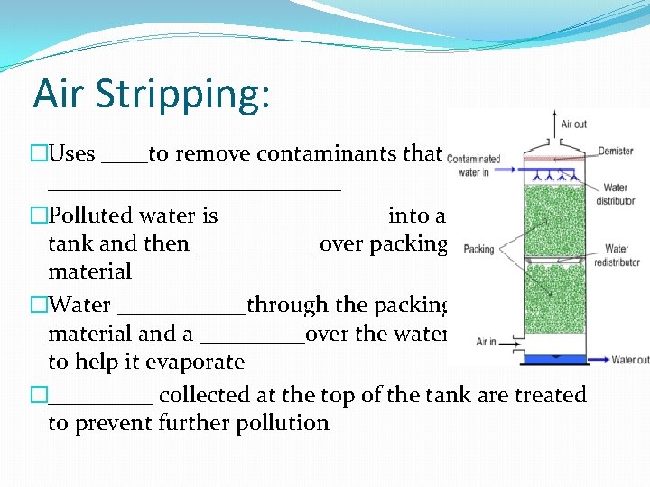 Air Stripping: �Uses ____to remove contaminants that _____________ �Polluted water is _______into a tank