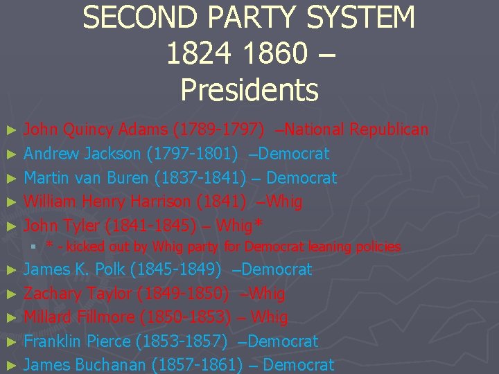 SECOND PARTY SYSTEM 1824 1860 – Presidents John Quincy Adams (1789 -1797) –National Republican