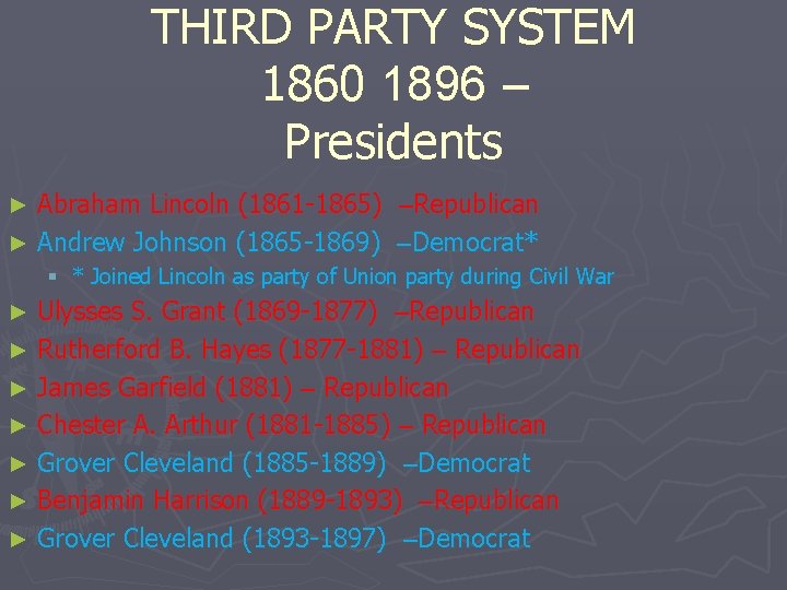 THIRD PARTY SYSTEM 1860 1896 – Presidents Abraham Lincoln (1861 -1865) –Republican ► Andrew