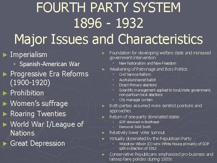 FOURTH PARTY SYSTEM 1896 - 1932 Major Issues and Characteristics ► Imperialism § Spanish-American