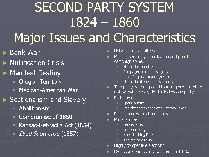 SECOND PARTY SYSTEM 1824 – 1860 Major Issues and Characteristics Bank War ► Nullification