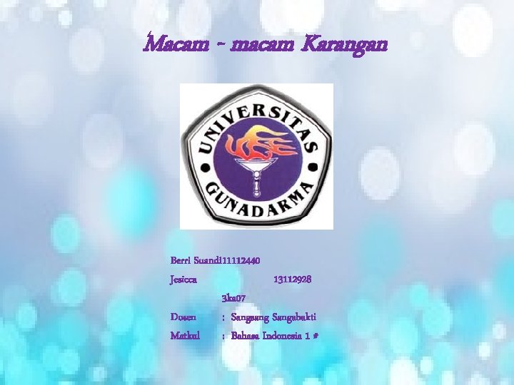 Macam - macam Karangan Berri Suandi 11112440 Jesicca 13112928 3 ka 07 Dosen :