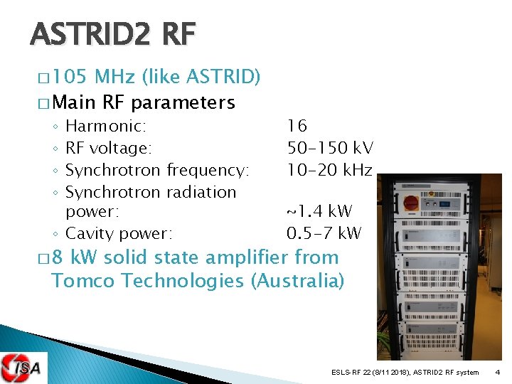 ASTRID 2 RF � 105 MHz (like ASTRID) � Main RF parameters Harmonic: RF