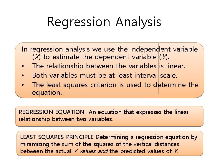 Regression Analysis In regression analysis we use the independent variable (X) to estimate the