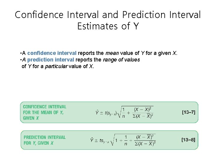 Confidence Interval and Prediction Interval Estimates of Y • A confidence interval reports the